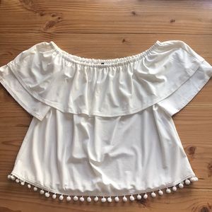 Kensie Popover off shoulder top with pom pom
